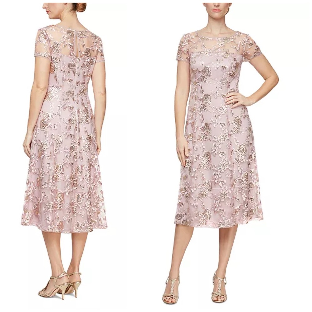 Women's Tea Length Cap Sleeve Illusion Neckline Embroider
